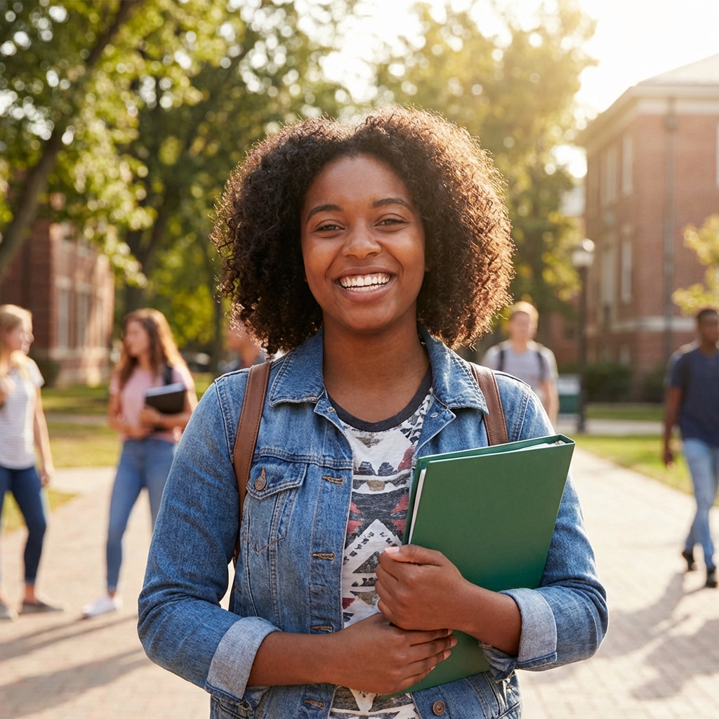 Happy student with green folder